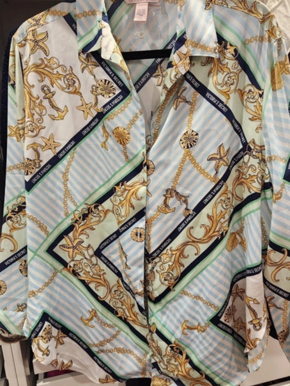 Victoria's Secret Printed Button Down Shirt in Blue & Green